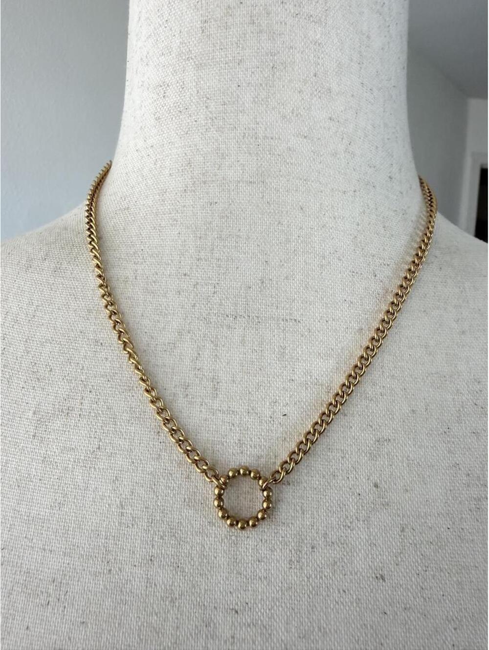 Gold Tone Circle Pendant Curb Chain Necklace